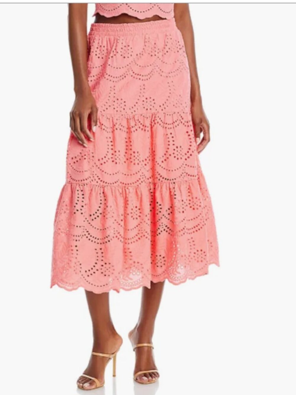 AQUA Coral Pink Eyelet Embroidered Tiered Midi Skirt XL